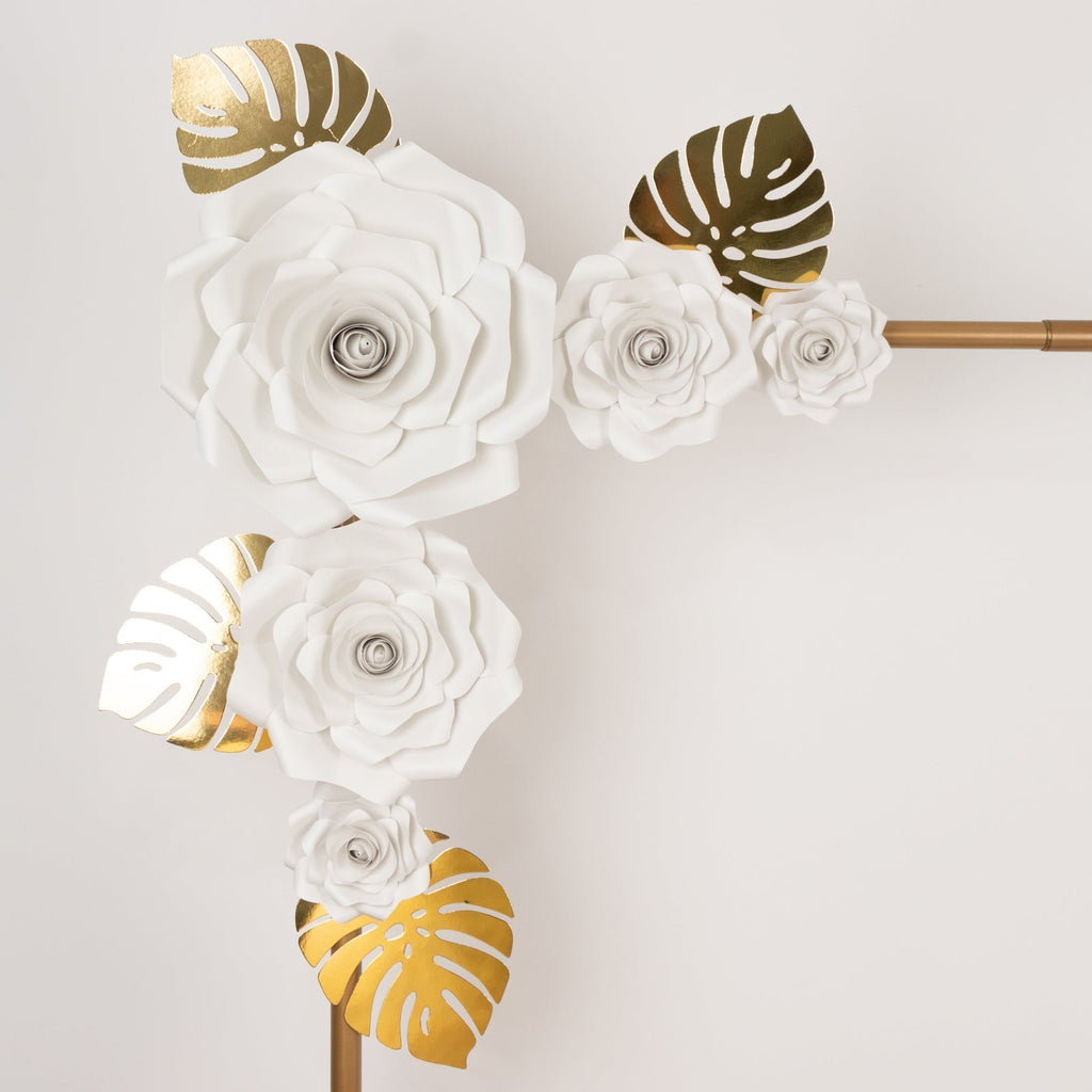 Set of 9 White 3D Rose Paper Flowers with Gold Tropical Palm Leaves, Party Flower Backdrop Hanging Wall Decor - Bell Racket Store