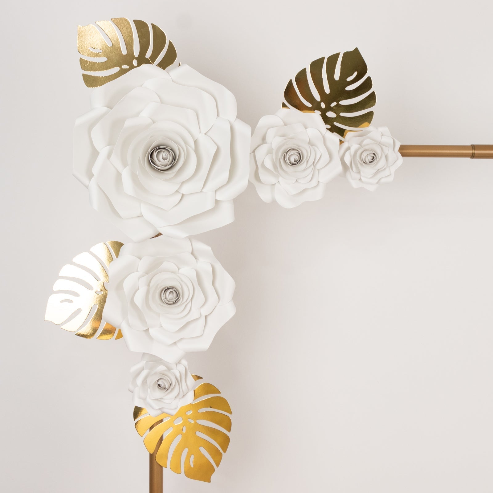 Set of 9 White 3D Rose Paper Flowers with Gold Tropical Palm Leaves, Party Flower Backdrop Hanging Wall Decor - Bell Racket Store