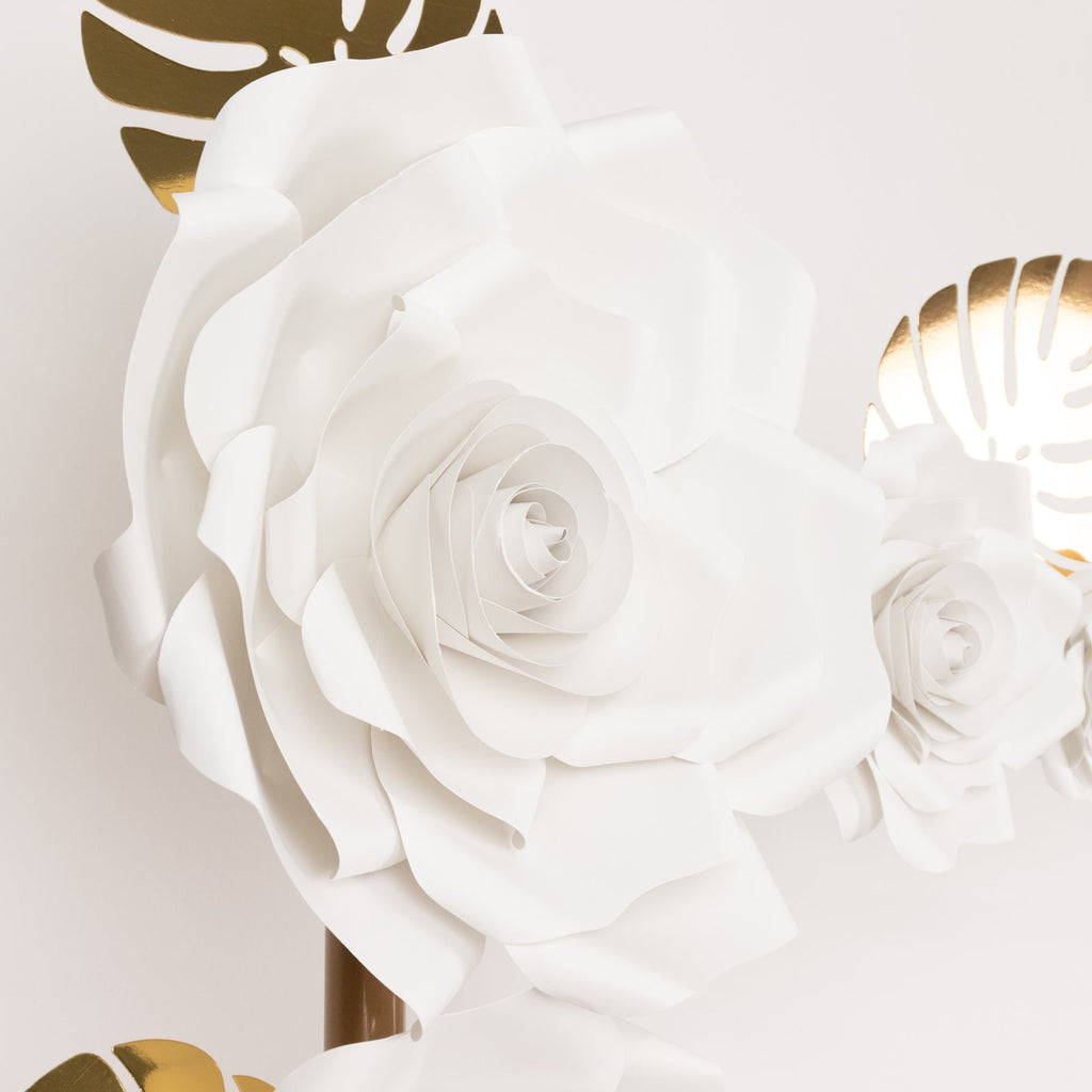 Set of 9 White 3D Rose Paper Flowers with Gold Tropical Palm Leaves, Party Flower Backdrop Hanging Wall Decor - Bell Racket Store