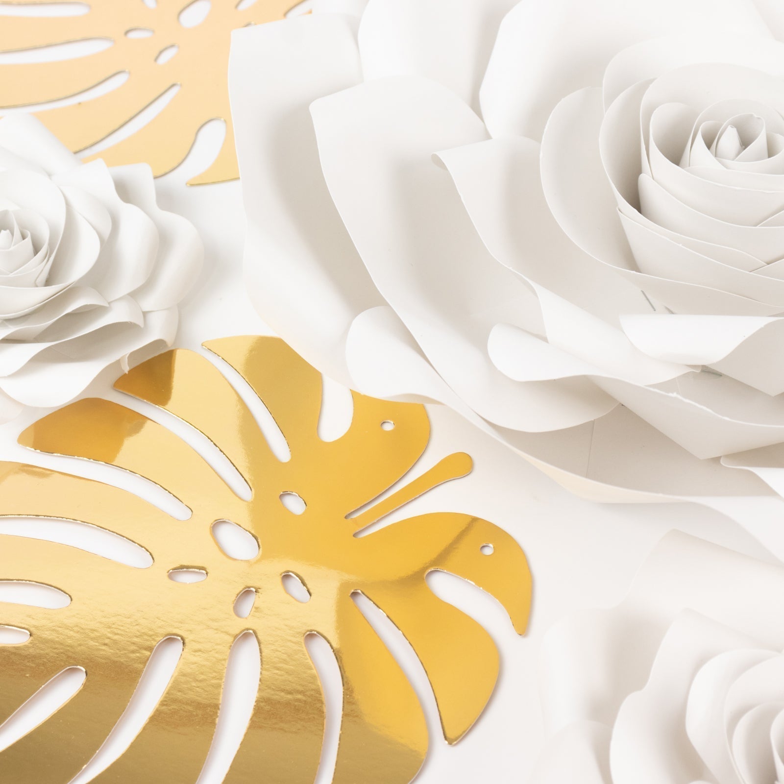 Set of 9 White 3D Rose Paper Flowers with Gold Tropical Palm Leaves, Party Flower Backdrop Hanging Wall Decor - Bell Racket Store