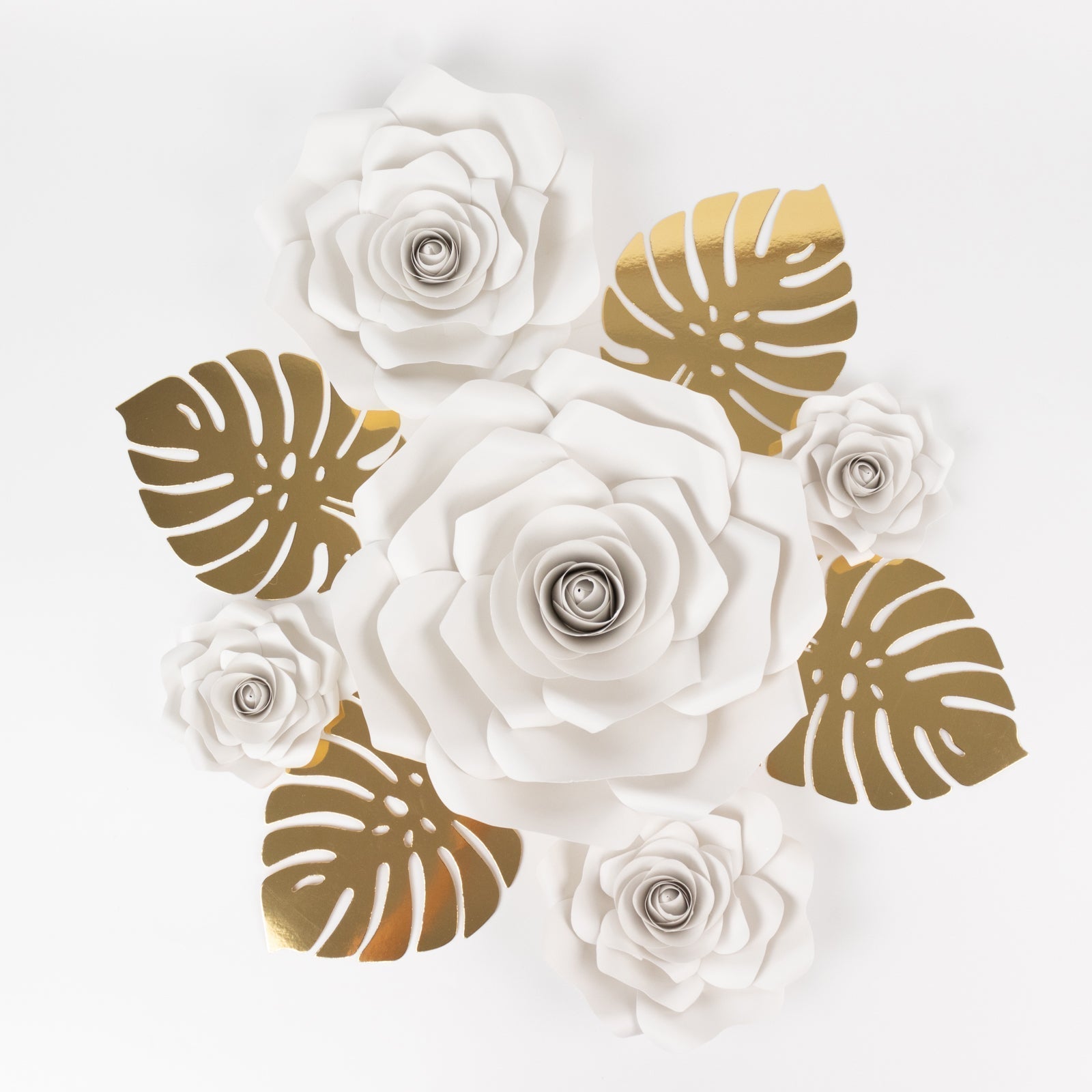 Set of 9 White 3D Rose Paper Flowers with Gold Tropical Palm Leaves, Party Flower Backdrop Hanging Wall Decor - Bell Racket Store