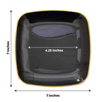 10-Pack Plastic 7" Square Dessert Plates in Black with Gold Rim - Classy Disposable Appetizer Salad Plates