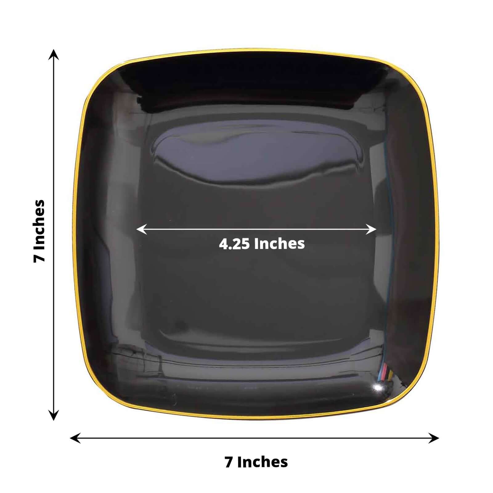 10-Pack Plastic 7" Square Dessert Plates in Black with Gold Rim - Classy Disposable Appetizer Salad Plates