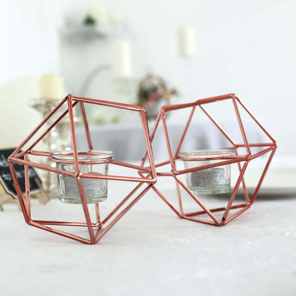 Set of Metal Candle Holders Linked Geometric Design Rose Gold - Modern Table Decor with Votive Glass for Gatherings 11"