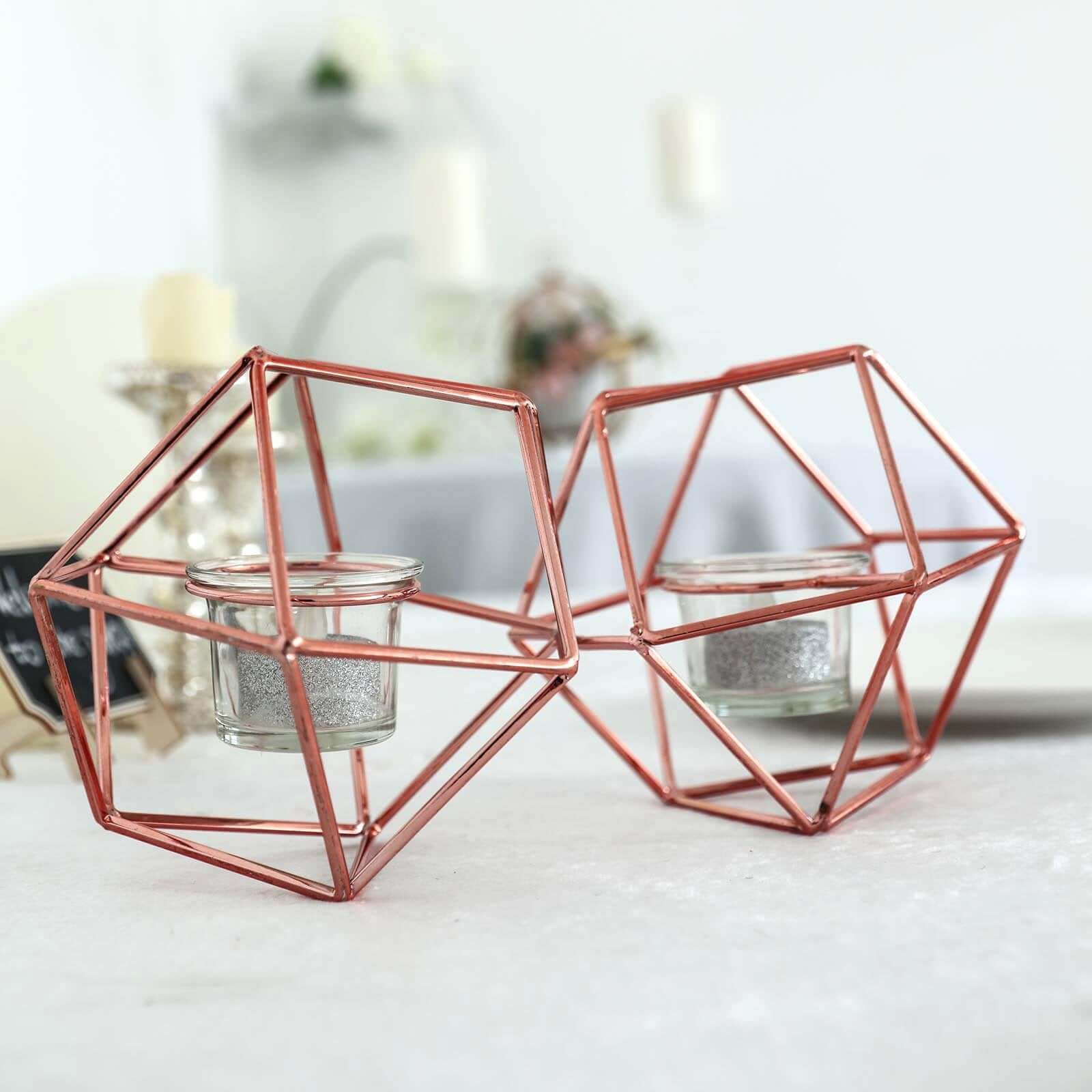 Set of Metal Candle Holders Linked Geometric Design Rose Gold - Modern Table Decor with Votive Glass for Gatherings 11"