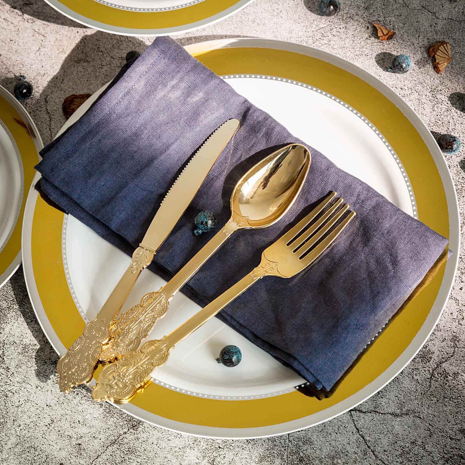 24-Pack Plastic Forks Baroque Style Metallic Gold - Heavy Duty Disposable Silverware 8"