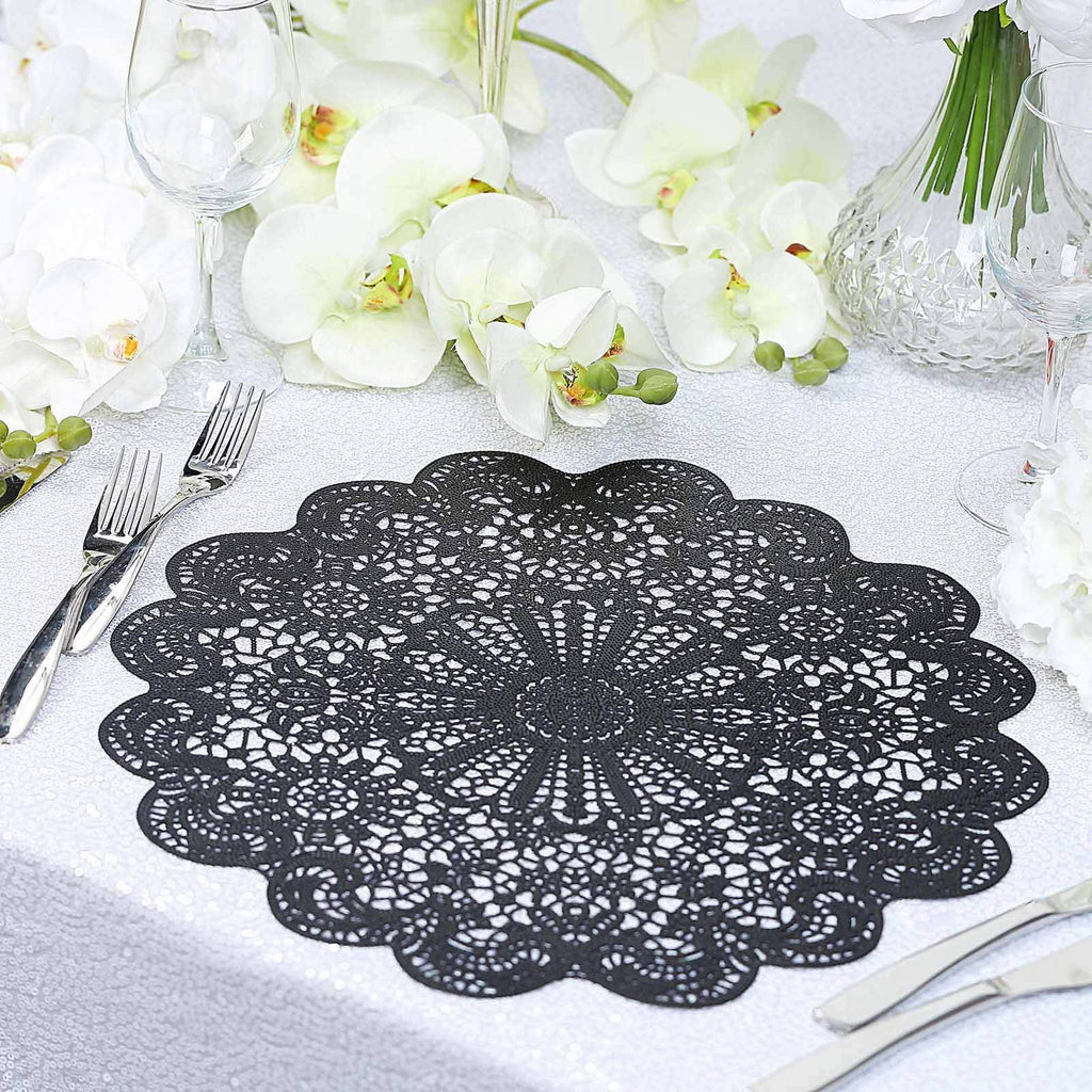 6-Pack Dining Table Mats Floral Lace Design Black - Vinyl Non-Slip Surface with Vintage Appeal 15"