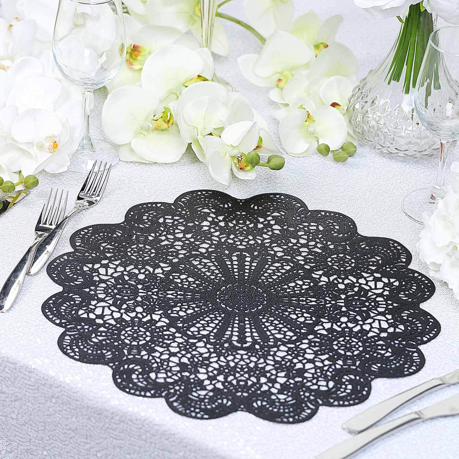 6-Pack Dining Table Mats Floral Lace Design Black - Vinyl Non-Slip Surface with Vintage Appeal 15"
