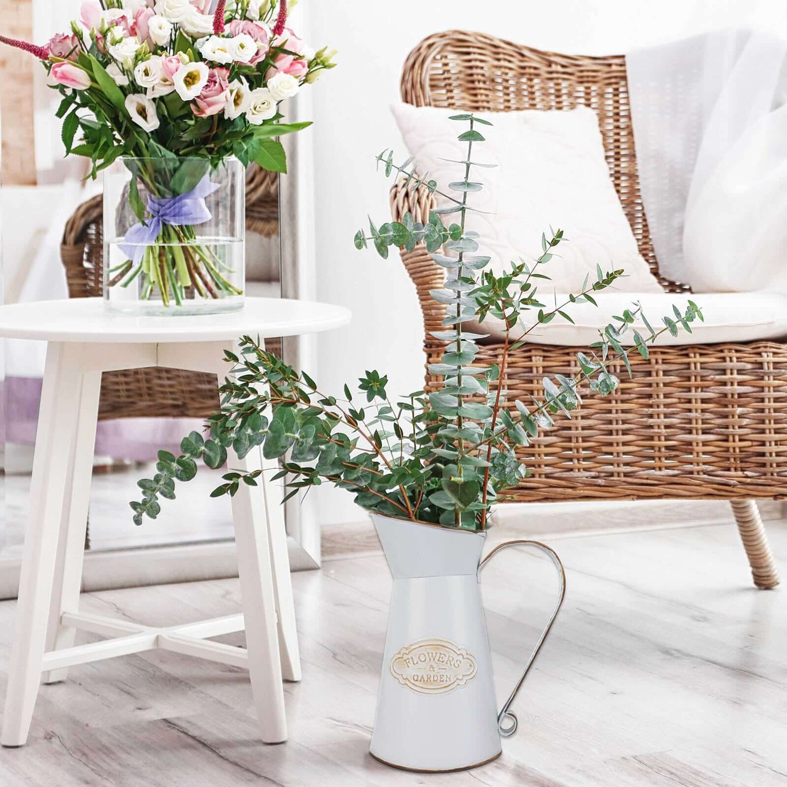 Metal Garden Water Pitcher Rustic Milk Jug Design - Shabby Chic Decorative Flower Vase 9"