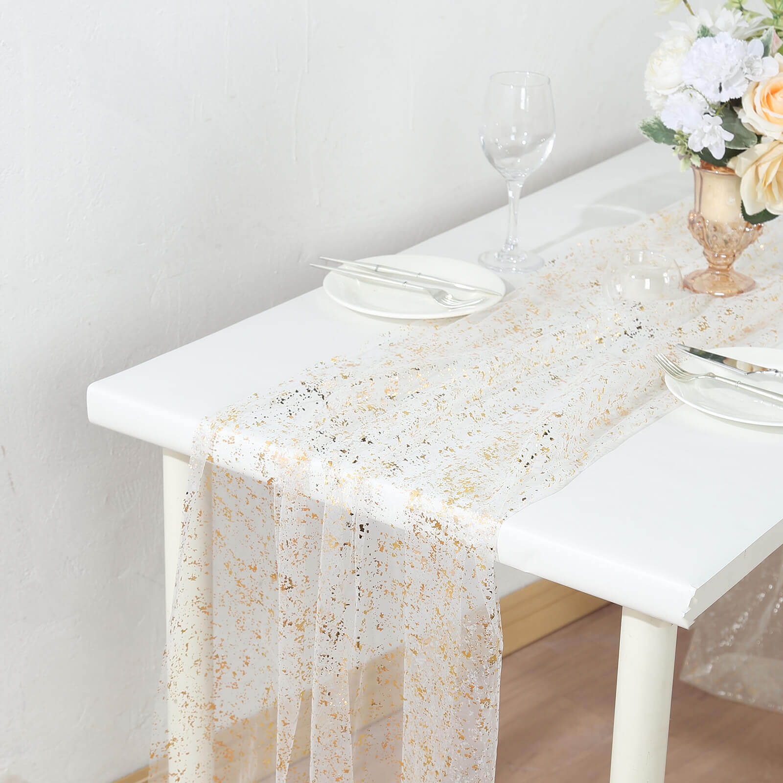 Sheer Chiffon 10ft Table Runner Metallic Gold Glittered Design - Sparkling Table Decor - Bell Racket Store