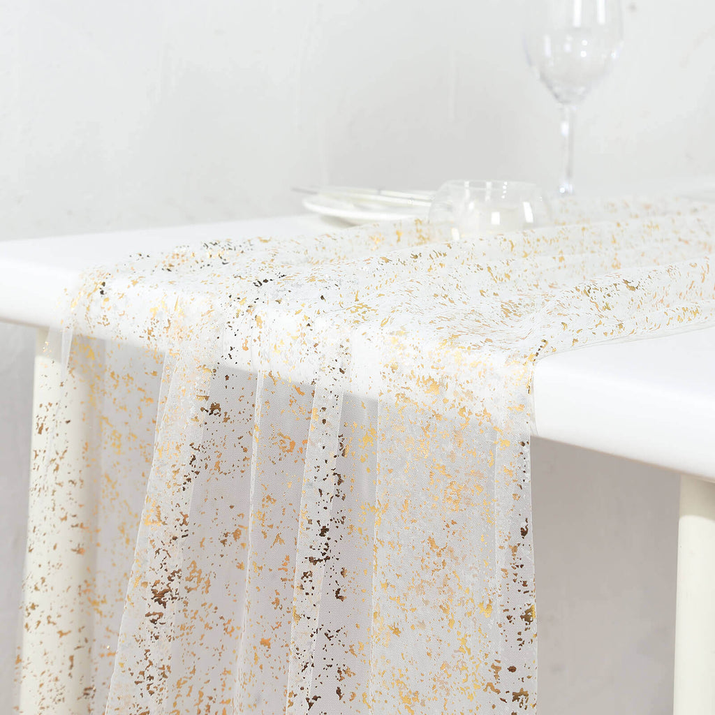 Sheer Chiffon 10ft Table Runner Metallic Gold Glittered Design - Sparkling Table Decor - Bell Racket Store