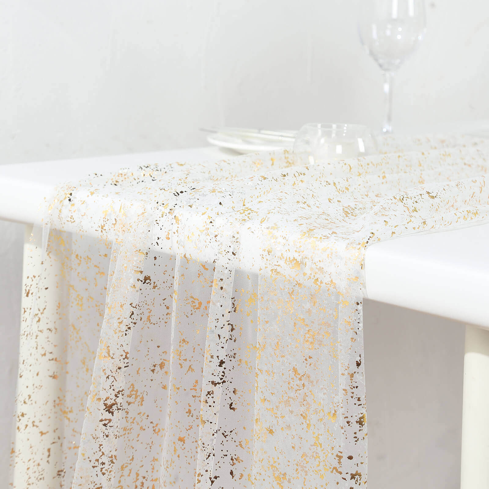 Sheer Chiffon 10ft Table Runner Metallic Gold Glittered Design - Sparkling Table Decor - Bell Racket Store