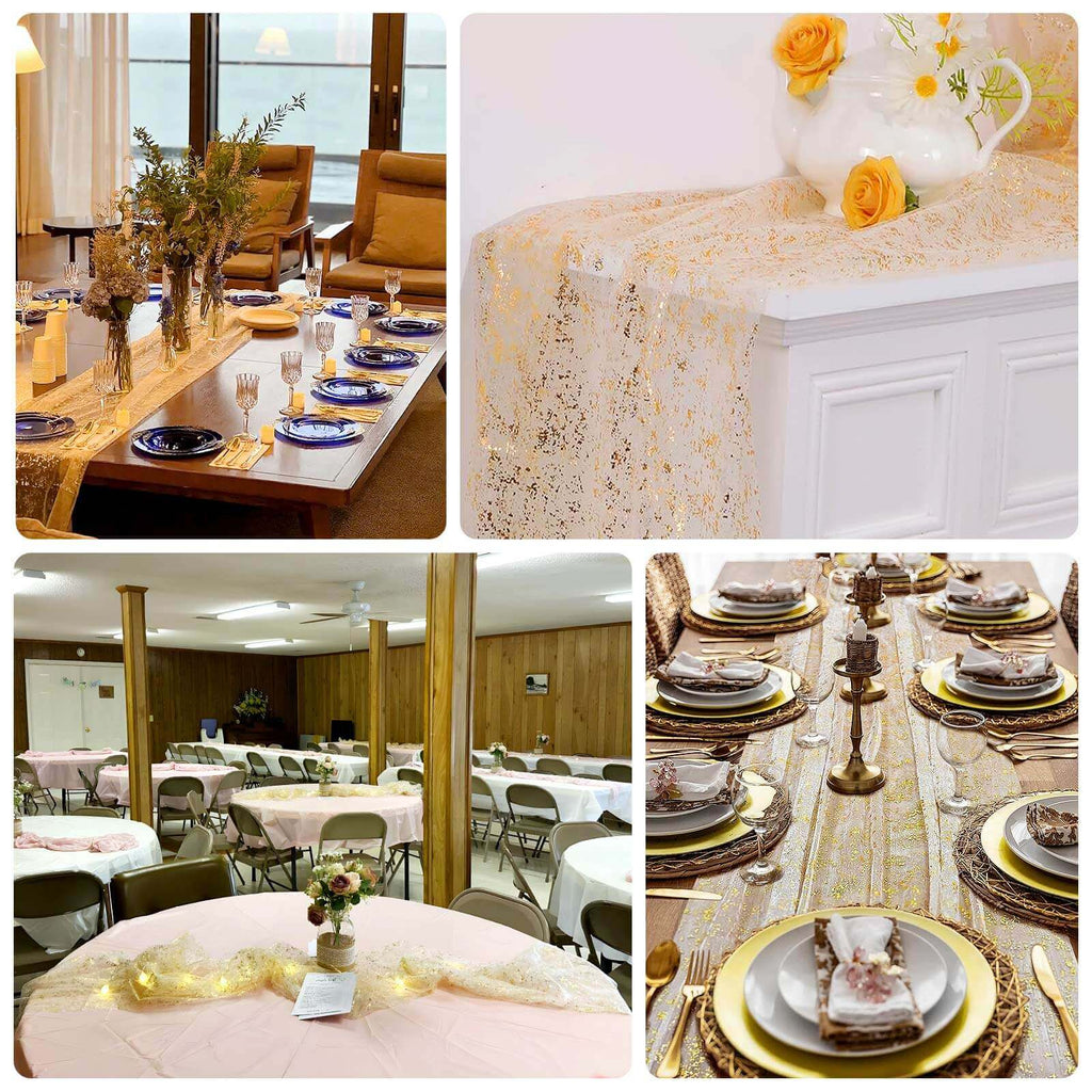 Sheer Chiffon 10ft Table Runner Metallic Gold Glittered Design - Sparkling Table Decor - Bell Racket Store