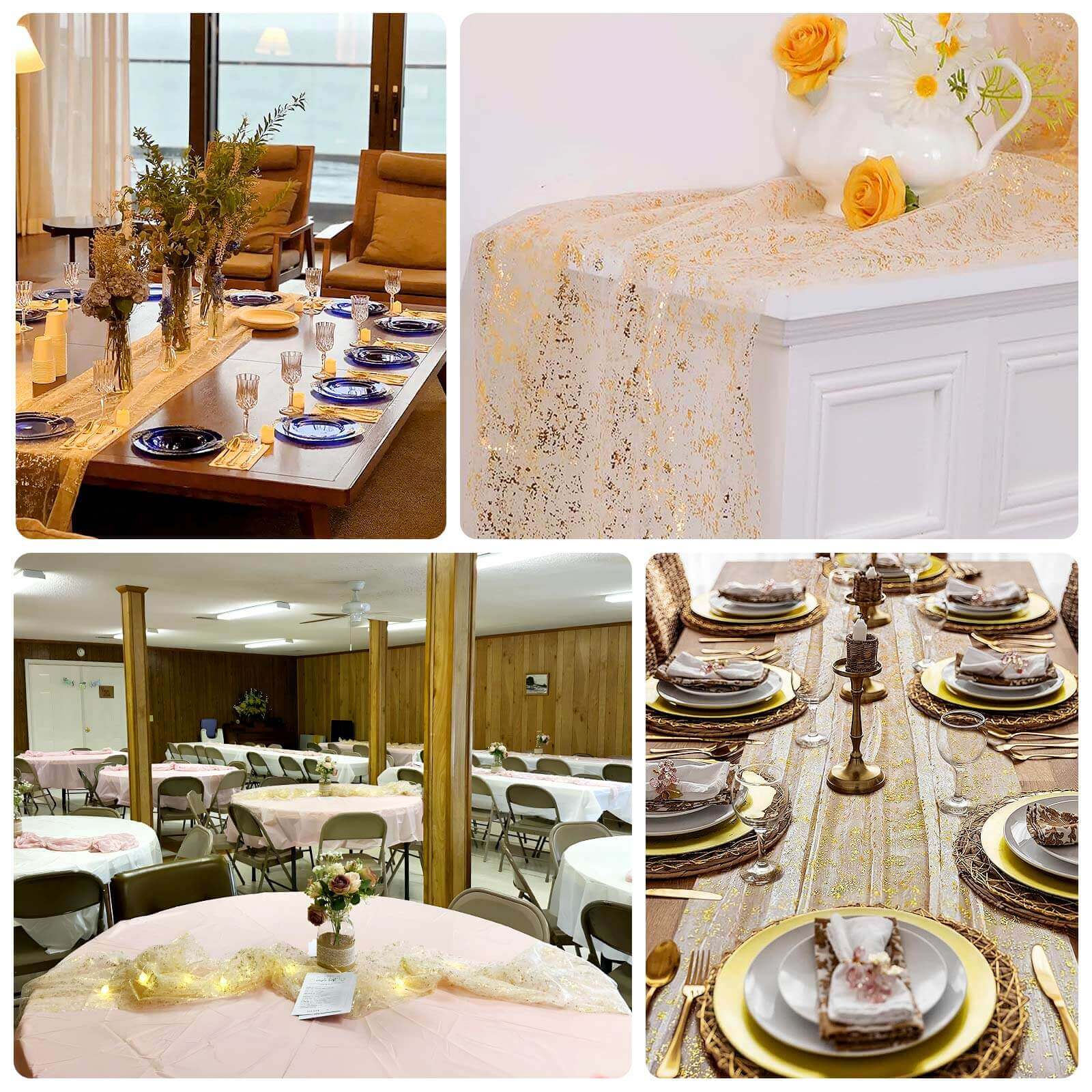 Sheer Chiffon 10ft Table Runner Metallic Gold Glittered Design - Sparkling Table Decor - Bell Racket Store