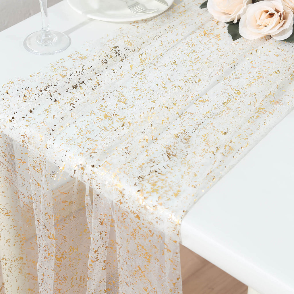 Sheer Chiffon 10ft Table Runner Metallic Gold Glittered Design - Sparkling Table Decor - Bell Racket Store