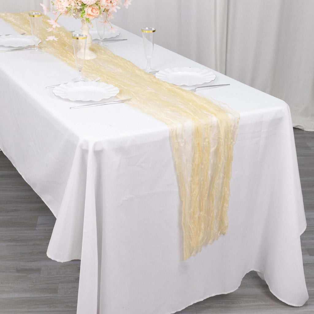 Sheer Crinkled Organza 9ft Table Runner Champagne - Rustic Chiffon Look - Bell Racket Store