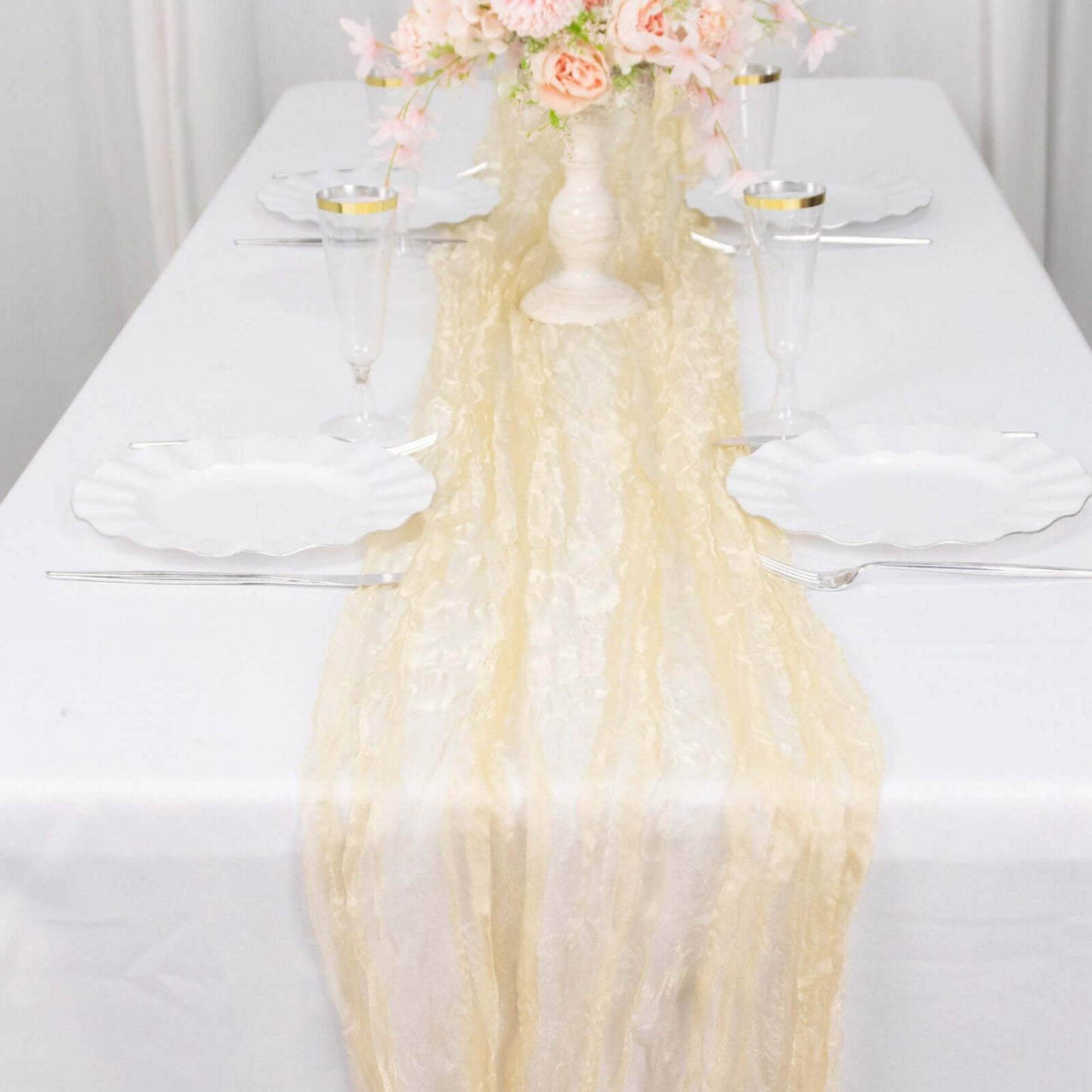 Sheer Crinkled Organza 9ft Table Runner Champagne - Rustic Chiffon Look - Bell Racket Store
