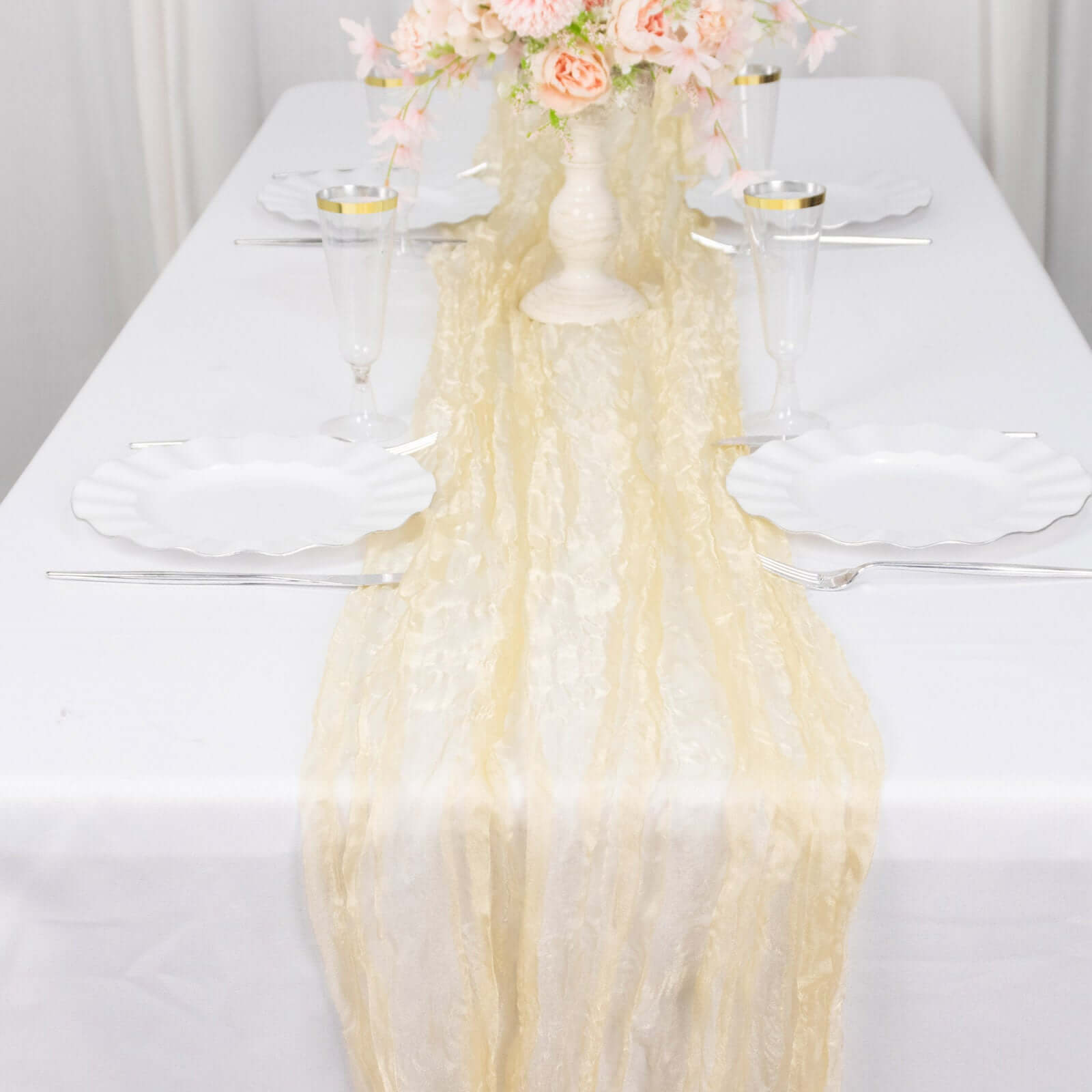 Sheer Crinkled Organza 9ft Table Runner Champagne - Rustic Chiffon Look - Bell Racket Store