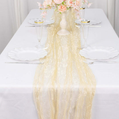 Sheer Crinkled Organza 9ft Table Runner Champagne - Rustic Chiffon Look - Bell Racket Store