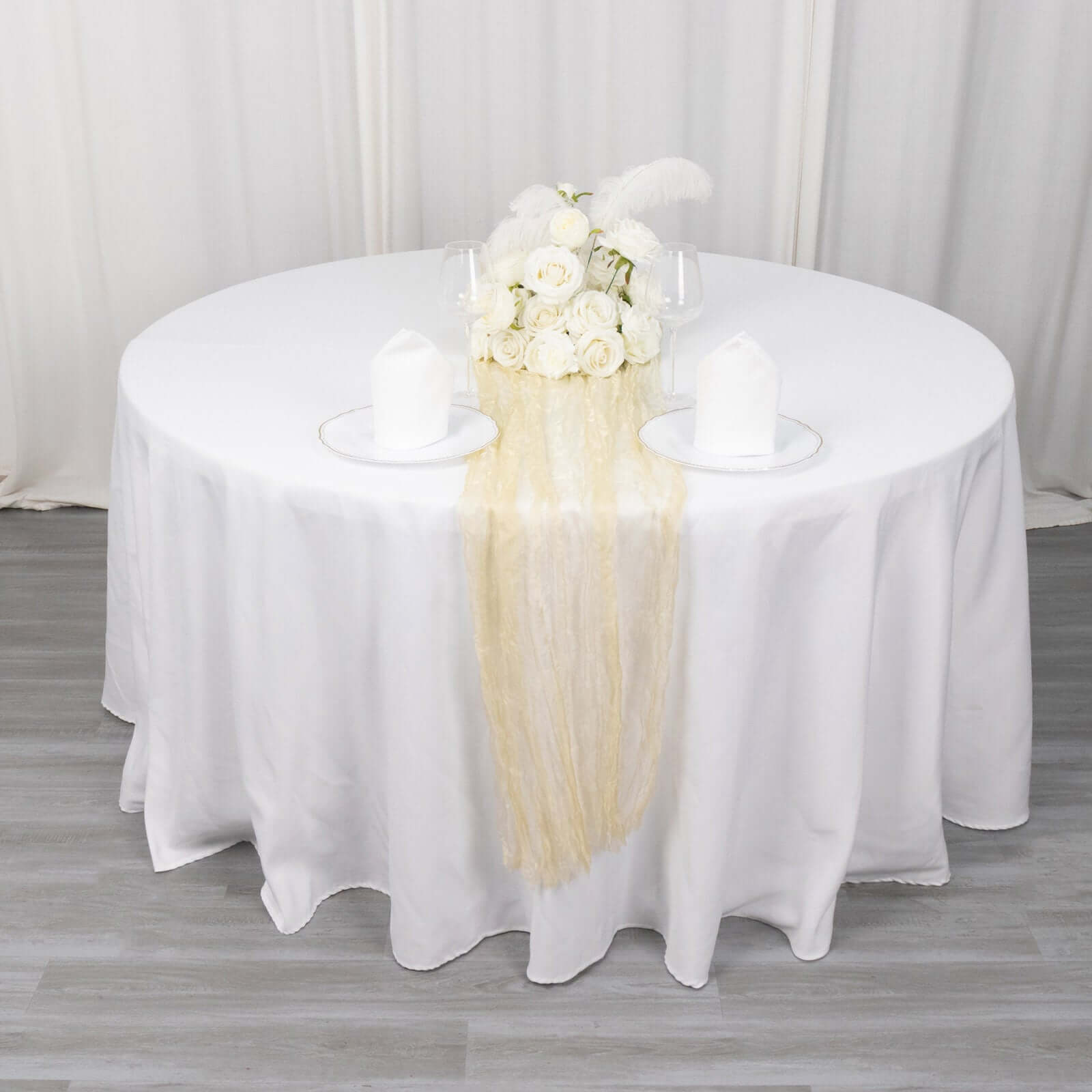 Sheer Crinkled Organza 9ft Table Runner Champagne - Rustic Chiffon Look - Bell Racket Store