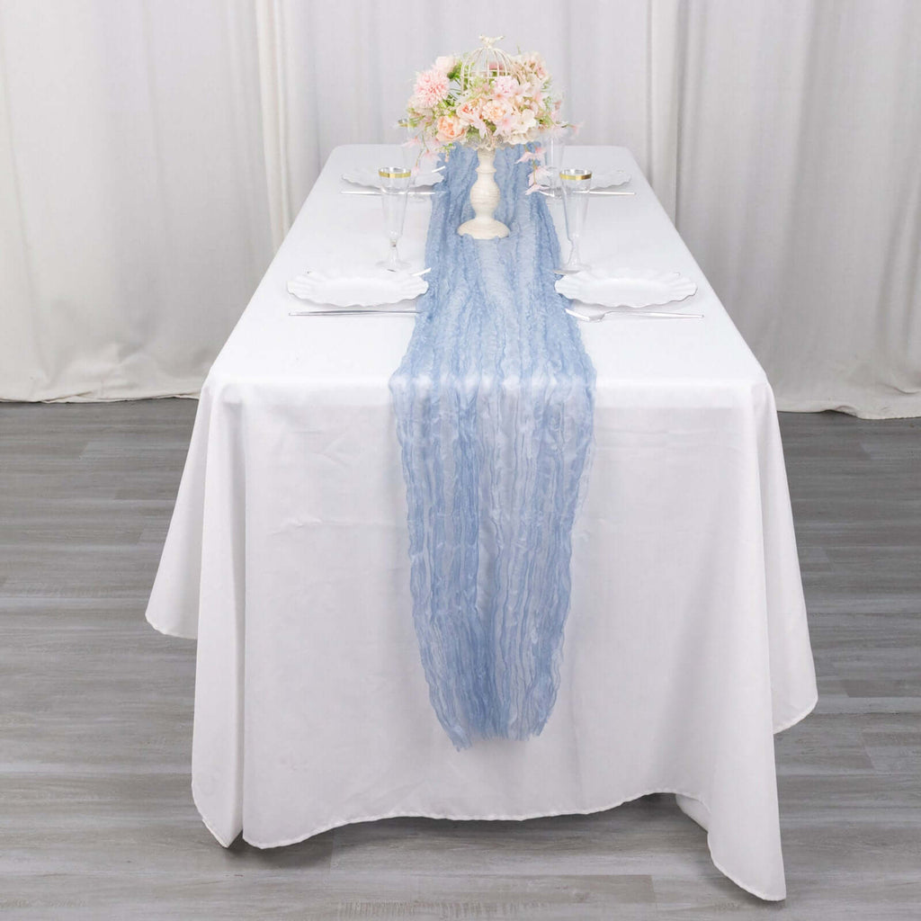 Sheer Crinkled Organza 9ft Table Runner Dusty Blue - Rustic Chiffon Look - Bell Racket Store