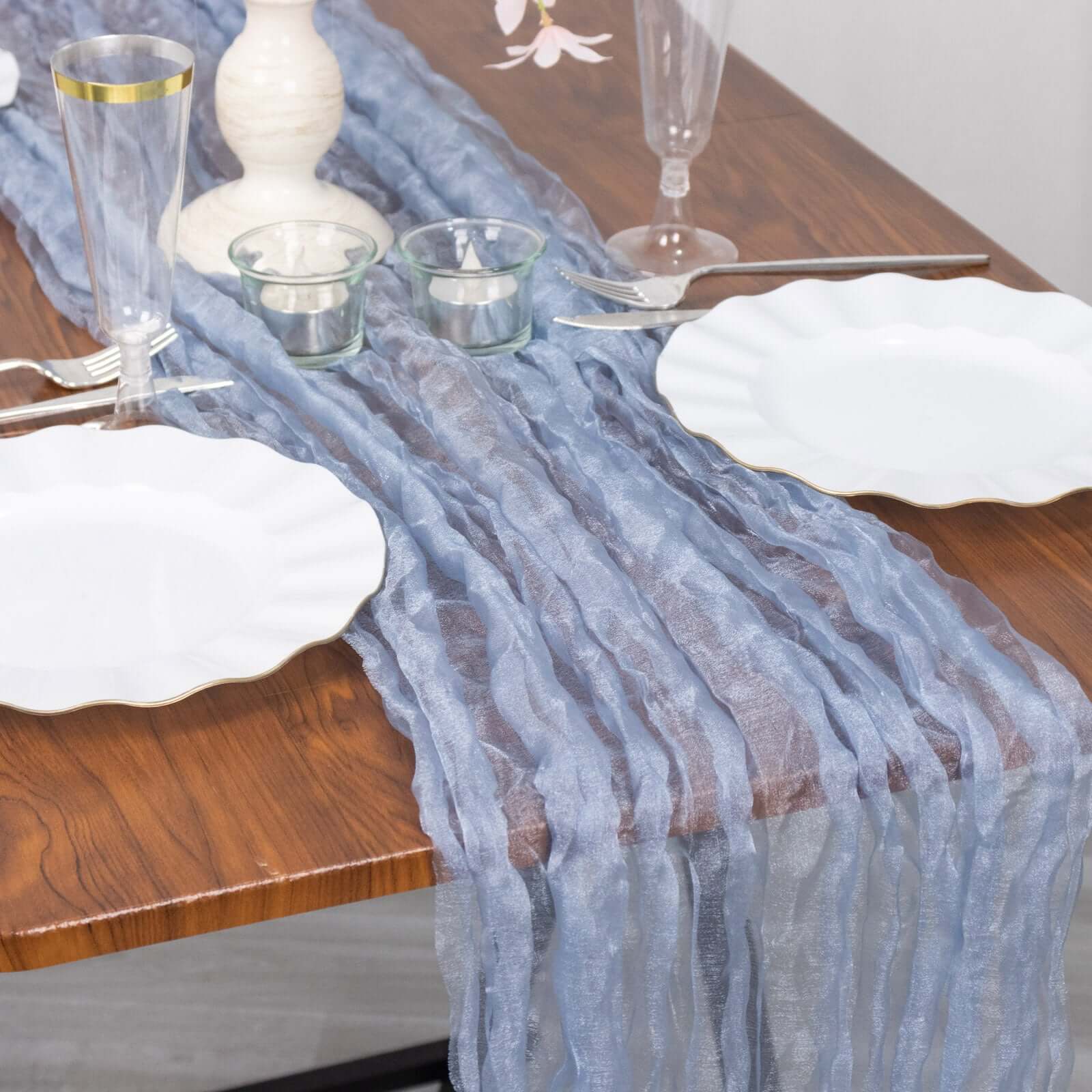 Sheer Crinkled Organza 9ft Table Runner Dusty Blue - Rustic Chiffon Look - Bell Racket Store