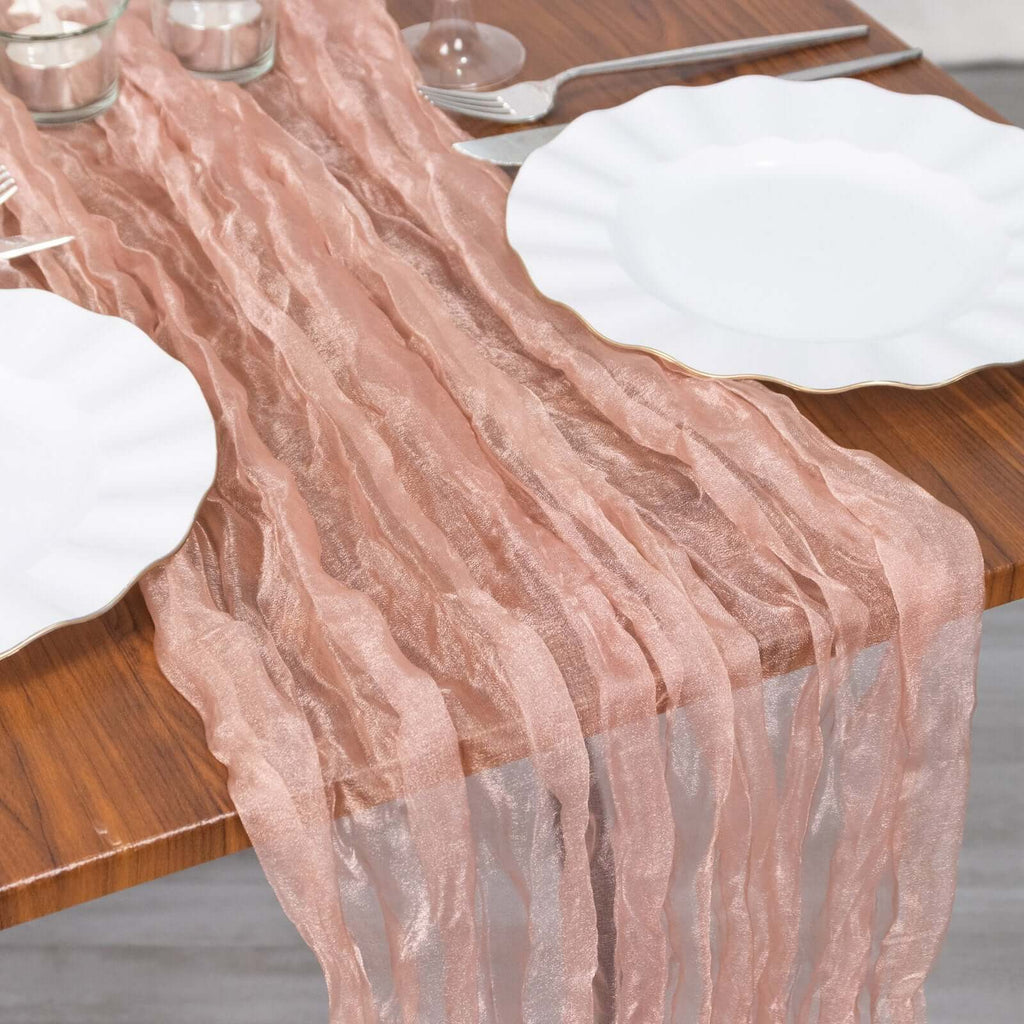 Sheer Crinkled Organza 9ft Table Runner Dusty Rose - Rustic Chiffon Look - Bell Racket Store
