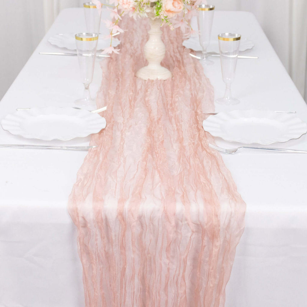 Sheer Crinkled Organza 9ft Table Runner Dusty Rose - Rustic Chiffon Look - Bell Racket Store