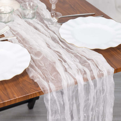 Sheer Crinkled Organza 9ft Table Runner White - Rustic Style Shimmer Chiffon Runner - Bell Racket Store