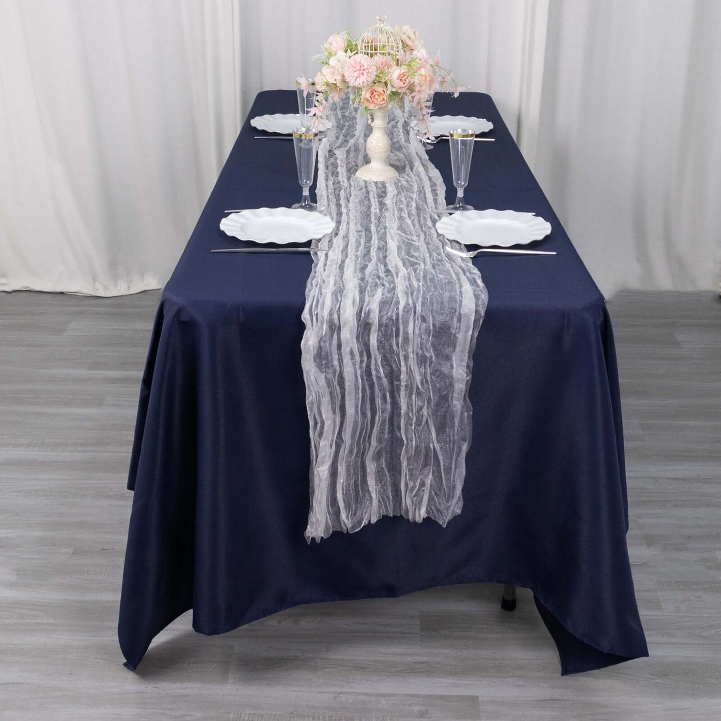 Sheer Crinkled Organza 9ft Table Runner White - Rustic Style Shimmer Chiffon Runner - Bell Racket Store