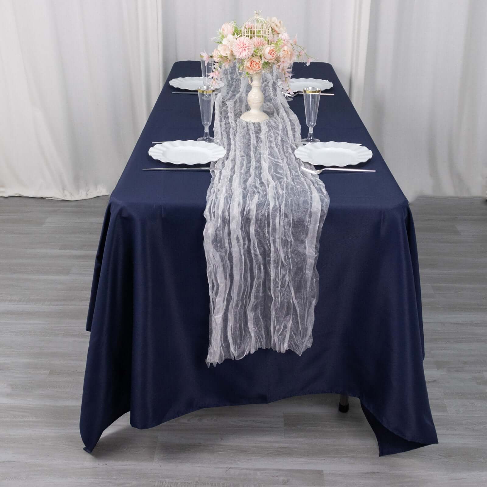 Sheer Crinkled Organza 9ft Table Runner White - Rustic Style Shimmer Chiffon Runner - Bell Racket Store