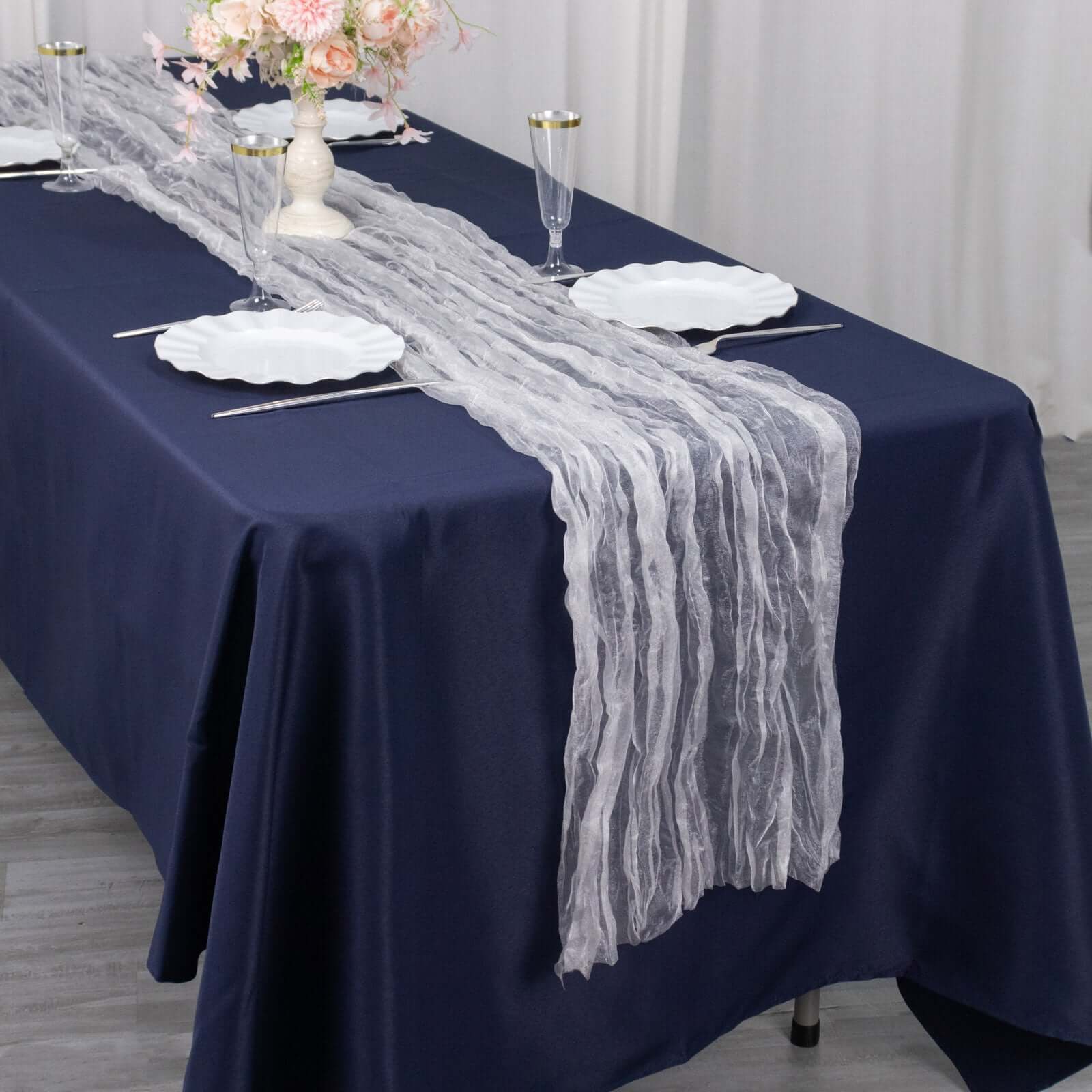 Sheer Crinkled Organza 9ft Table Runner White - Rustic Style Shimmer Chiffon Runner - Bell Racket Store