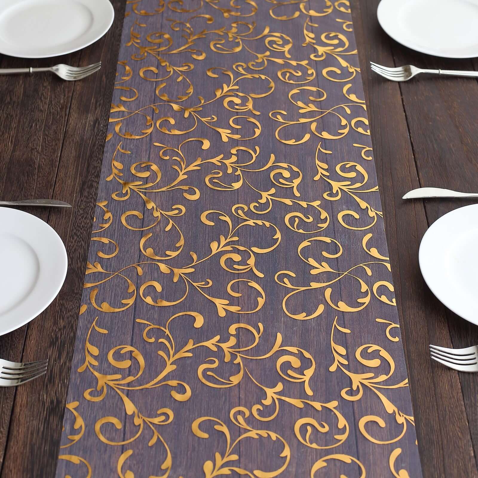 Sheer Organza 12"x108" Table Runner Roll Metallic Gold Foil Embossed Floral Design - Stylish Event Decoration - Bell Racket Store