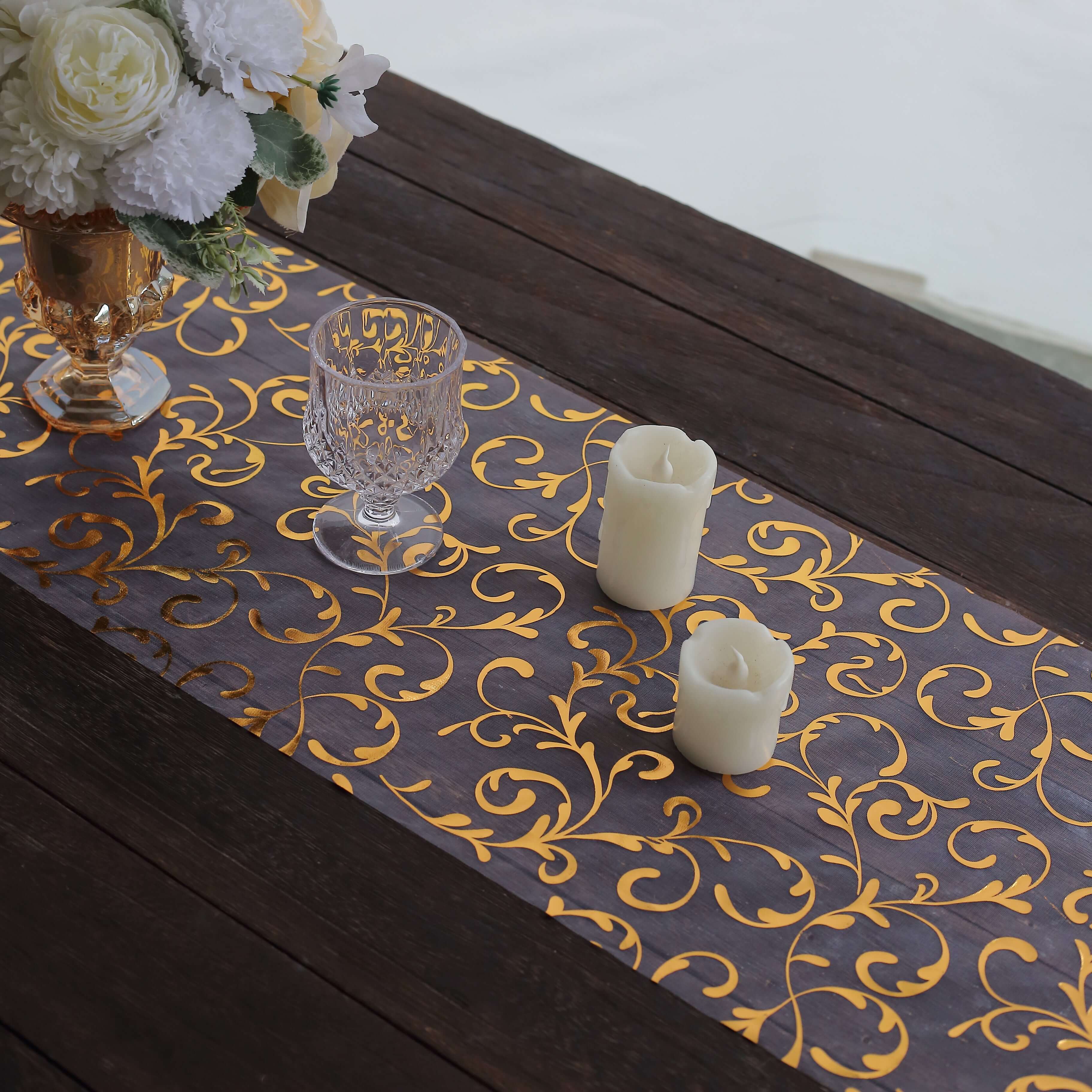 Sheer Organza 12"x108" Table Runner Roll Metallic Gold Foil Embossed Floral Design - Stylish Event Decoration - Bell Racket Store