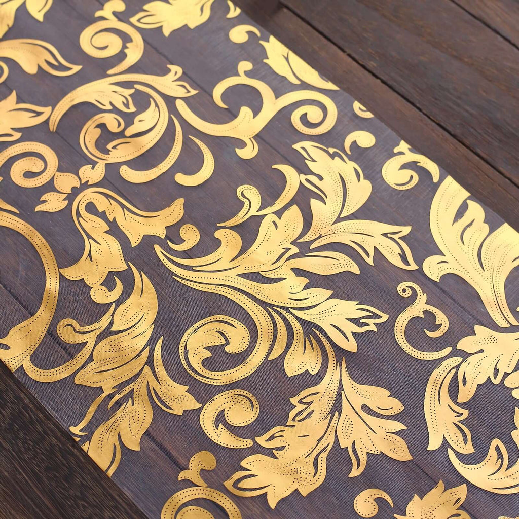 Sheer Organza 12"x108" Table Runner Roll Metallic Gold Foil Floral Swirl Design - Disposable Stylish Event Decoration - Bell Racket Store
