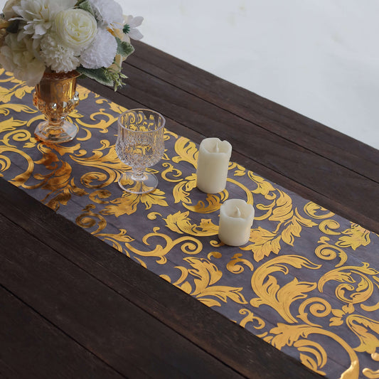 Sheer Organza 12"x108" Table Runner Roll Metallic Gold Foil Floral Swirl Design - Disposable Stylish Event Decoration - Bell Racket Store