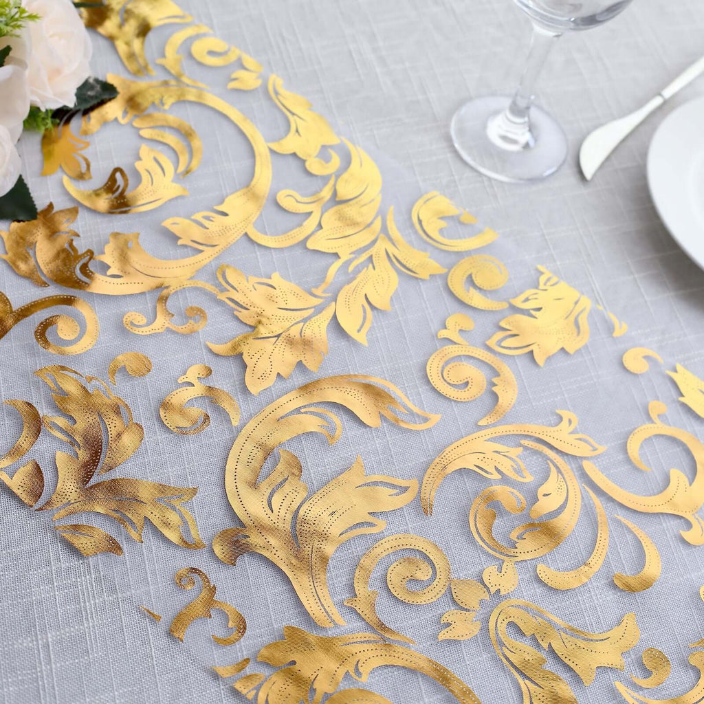 Sheer Organza 12"x108" Table Runner Roll Metallic Gold Foil Floral Swirl Design - Disposable Stylish Event Decoration - Bell Racket Store