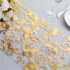 Sheer Organza 12"x108" Table Runner Roll Metallic Gold Foil Floral Swirl Design - Disposable Stylish Event Decoration - Bell Racket Store