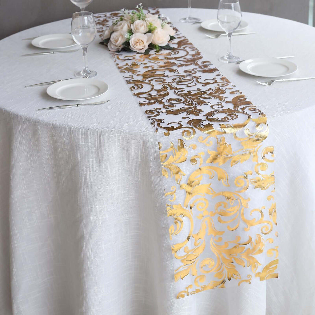 Sheer Organza 12"x108" Table Runner Roll Metallic Gold Foil Floral Swirl Design - Disposable Stylish Event Decoration - Bell Racket Store