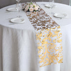 Sheer Organza 12"x108" Table Runner Roll Metallic Gold Foil Floral Swirl Design - Disposable Stylish Event Decoration - Bell Racket Store
