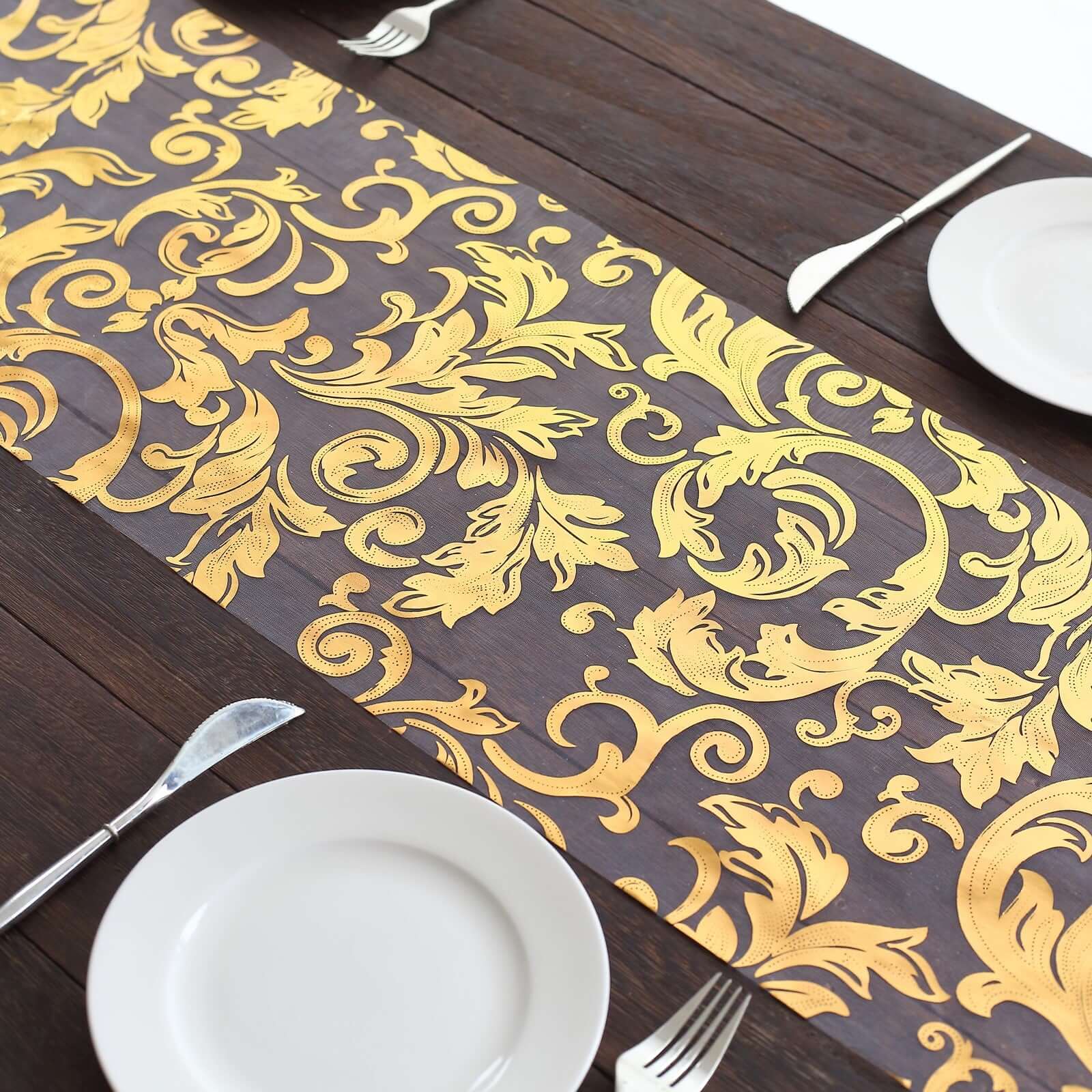 Sheer Organza 12"x108" Table Runner Roll Metallic Gold Foil Floral Swirl Design - Disposable Stylish Event Decoration - Bell Racket Store