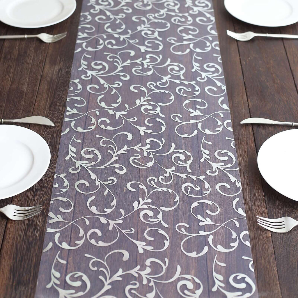 Sheer Organza 12"x108" Table Runner Roll Metallic Silver Foil Embossed Floral Design - Stylish Event Decoration - Bell Racket Store