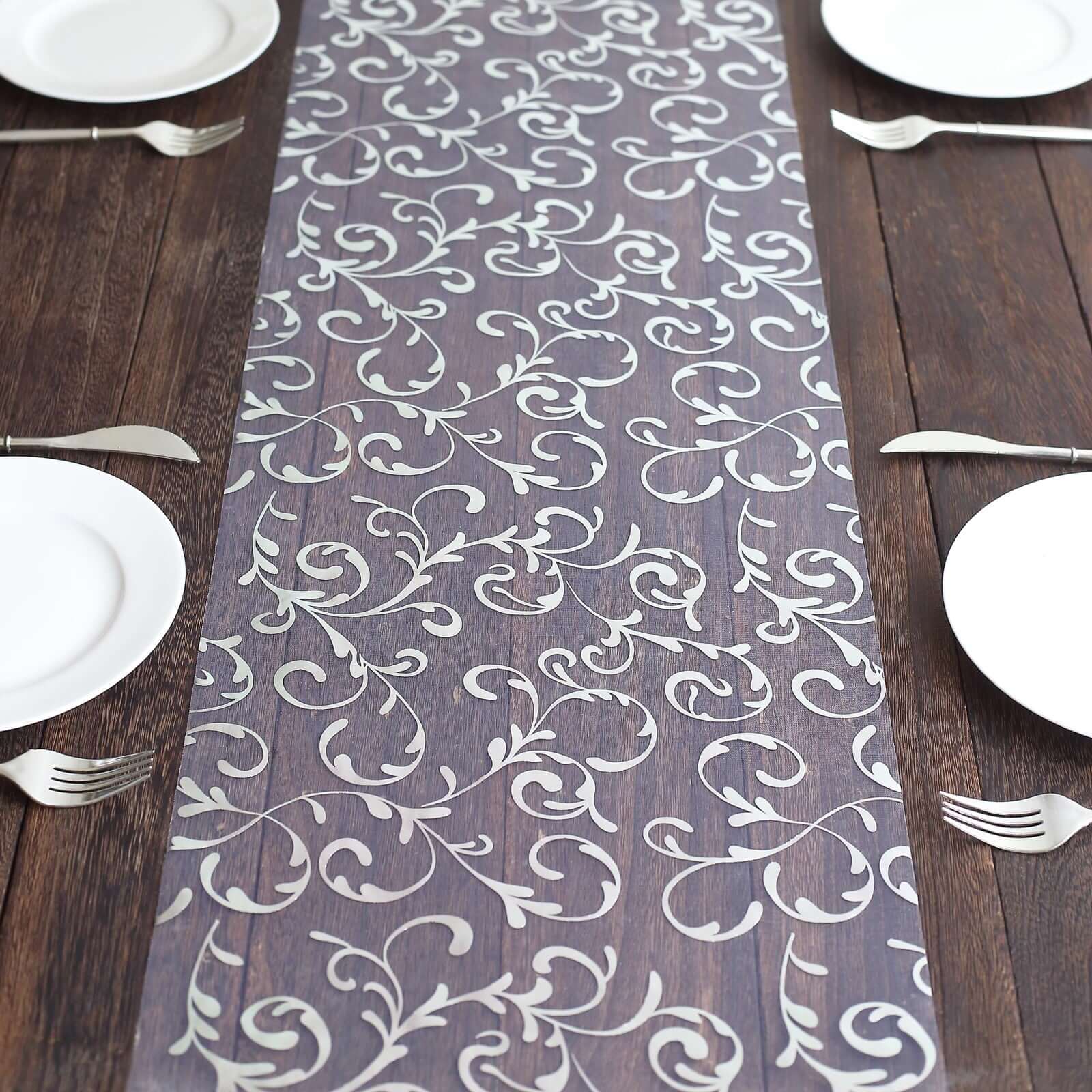 Sheer Organza 12"x108" Table Runner Roll Metallic Silver Foil Embossed Floral Design - Stylish Event Decoration - Bell Racket Store