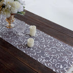 Sheer Organza 12"x108" Table Runner Roll Metallic Silver Foil Embossed Floral Design - Stylish Event Decoration - Bell Racket Store