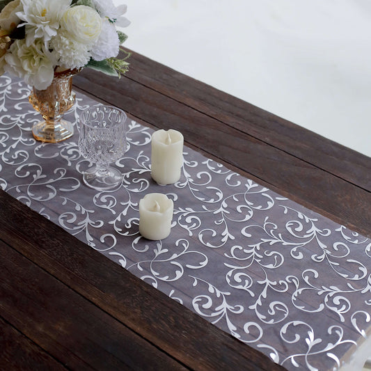 Sheer Organza 12"x108" Table Runner Roll Metallic Silver Foil Embossed Floral Design - Stylish Event Decoration - Bell Racket Store