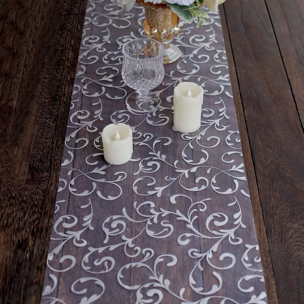 Sheer Organza 12"x108" Table Runner Roll Metallic Silver Foil Embossed Floral Design - Stylish Event Decoration - Bell Racket Store