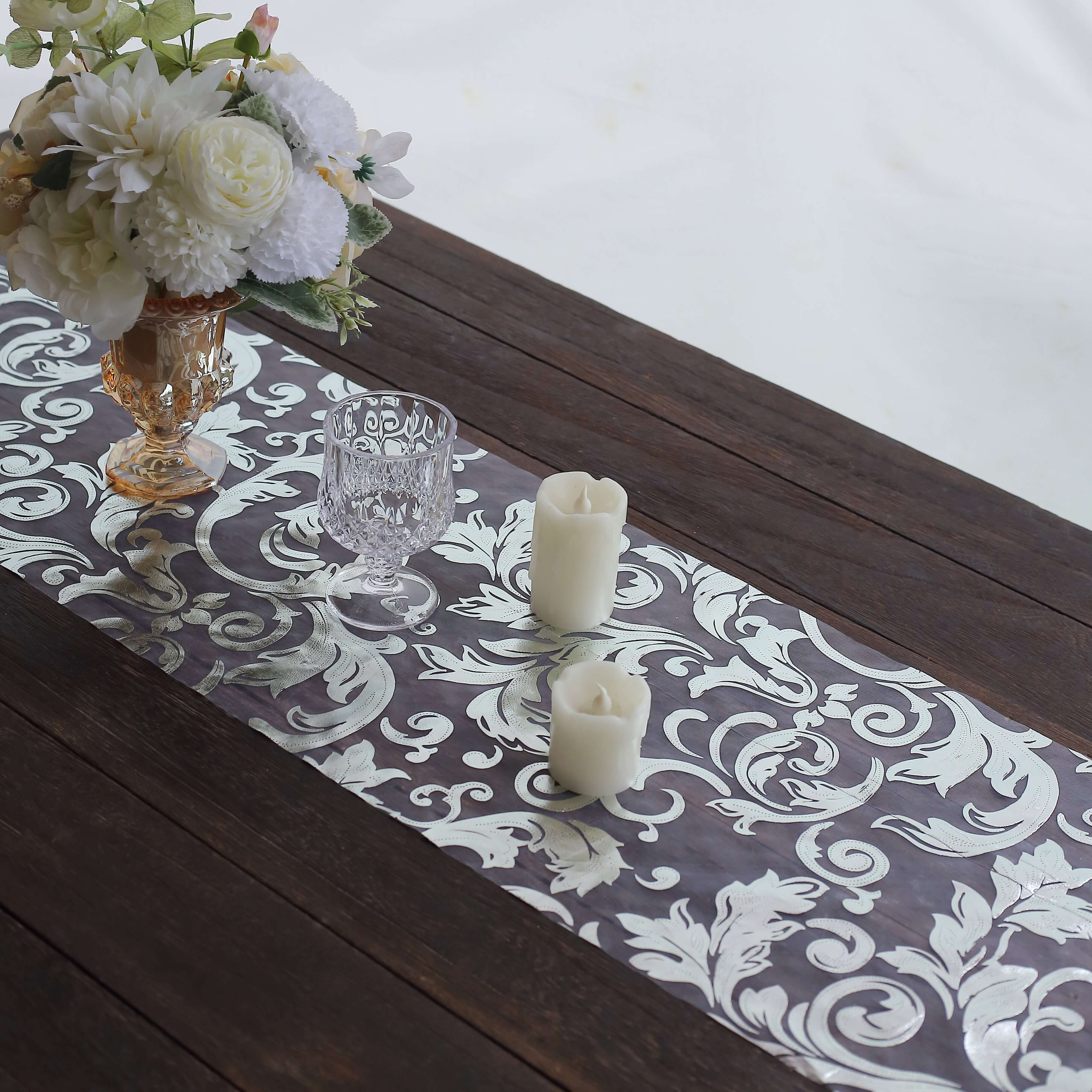 Sheer Organza 12"x108" Table Runner Roll Metallic Silver Foil Floral Swirl Design - Disposable Stylish Event Decoration - Bell Racket Store