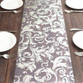 Sheer Organza 12"x108" Table Runner Roll Metallic Silver Foil Floral Swirl Design - Disposable Stylish Event Decoration - Bell Racket Store