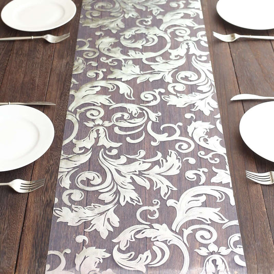 Sheer Organza 12"x108" Table Runner Roll Metallic Silver Foil Floral Swirl Design - Disposable Stylish Event Decoration - Bell Racket Store