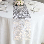 Sheer Organza 12"x108" Table Runner Roll Metallic Silver Foil Floral Swirl Design - Disposable Stylish Event Decoration - Bell Racket Store